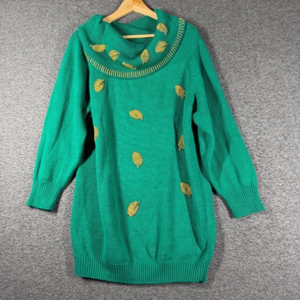 Vintage‎ 90s Victoria Harbor Jeweled Gold Beaded Tunic Sweater Womens 1X Green